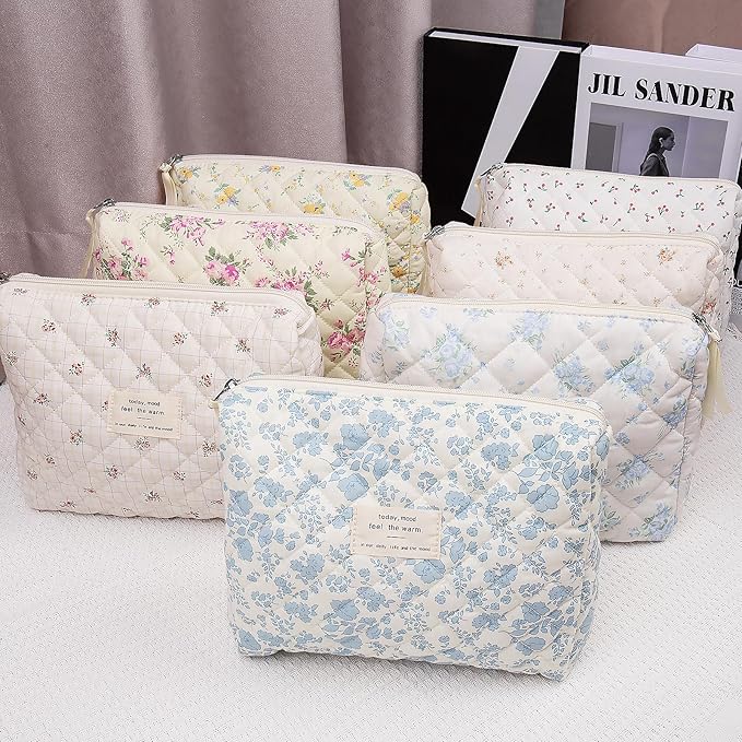 Gosect Floral Makeup Bag, Small Cosmetic Bag for Women Girls, Cute Cotton Makeup Bag, Quilted Makeup Bags, Flower Travel Toiletry Organizer Bag(White Cherry)