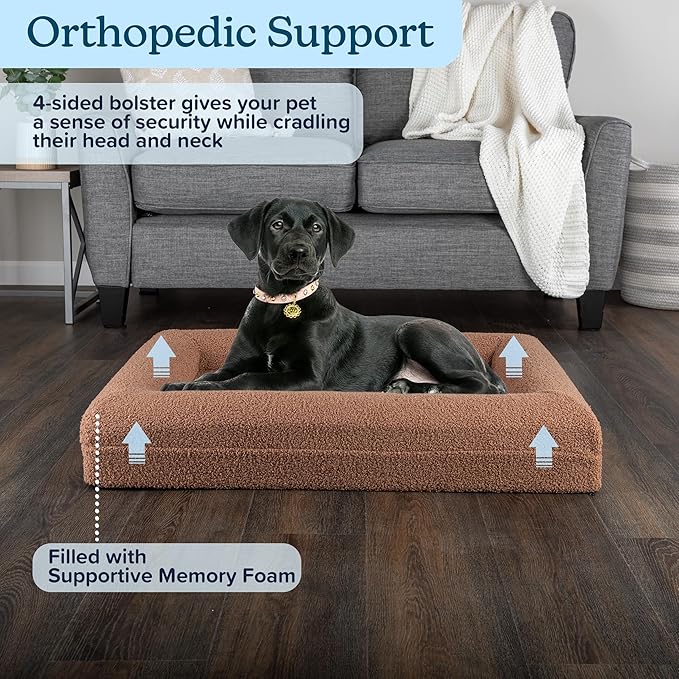 PETMAKER Orthopedic Pet Bed - 33in Medium Dog Bed with Supportive Bolster, Nonslip Bottom, and Removable Washable Cover - Memory Foam Puppy Bed for Medium Dogs - Dog Products (Brown)