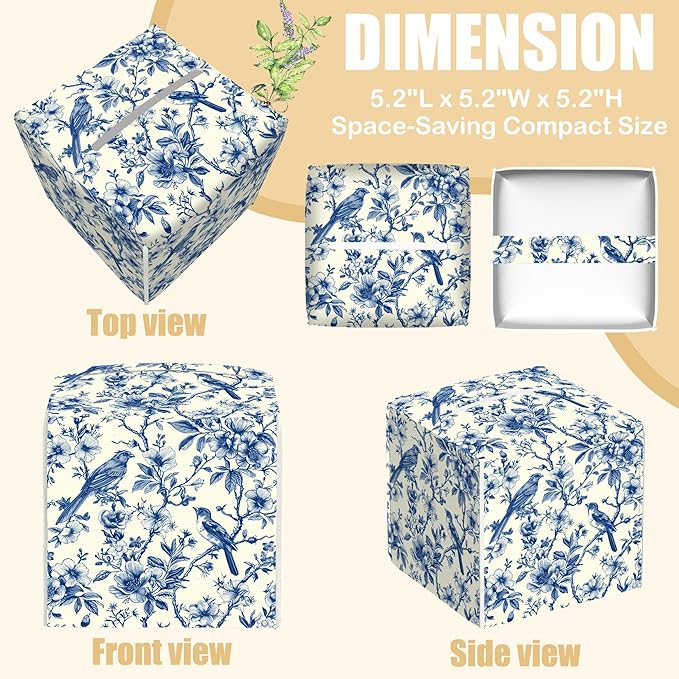 BLYKVGHQ Bird on Blooming Branches Tissue Box Cover Square, Blue Flower Tissue Box Holder with Bottom Belt Leather Facial Paper Organizer Dispenser for Bathroom Bedroom Dresser Night Stand Tabletop