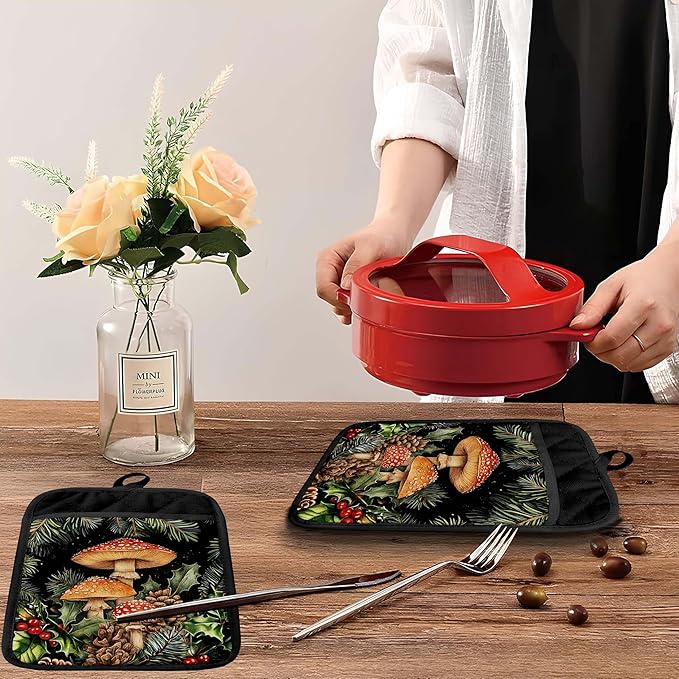 Dark Cottagecore Mushroom Pot Holders with Pockets, Vintage Botanical Floral Forest Mushroom Cottage Core Oven Pot Holders Heat Resistant Oven Mitts Hot Pads for Kitchen Baking Cooking