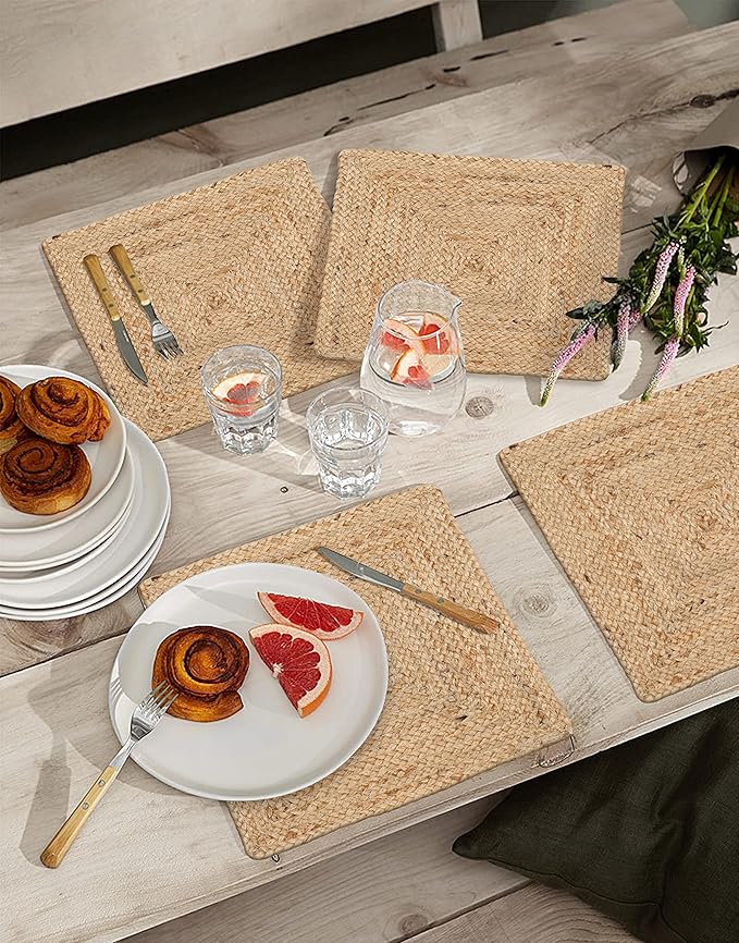 Hausattire Jute Braided Placemats 14x14 Inches Set of 4 Reversible Handwoven Boho Vintage Placemats for Kitchen Dining Tables|BBQ's Thanksgiving Decor Weddings Indoor & Outdoor Parties|Natural
