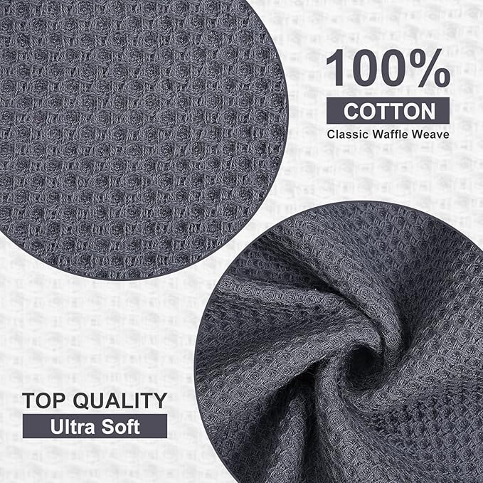 Kitinjoy 100% Cotton Kitchen Dish Cloths, 8 Pack Waffle Weave Ultra Soft Absorbent Dish Towels for Drying Dishes Quick Drying Kitchen Towels Dish Rags, 12 X 12Inch, Dark Grey