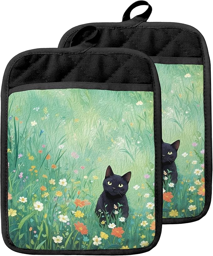 Vintage Floral Black Cat Pot Holders with Pockets, Cat Kitchen Decor, Dark Green Flower Field Kitten Oven Pot Holders Heat Resistant Oven Mitts Hot Pads for Kitchen Baking Cooking