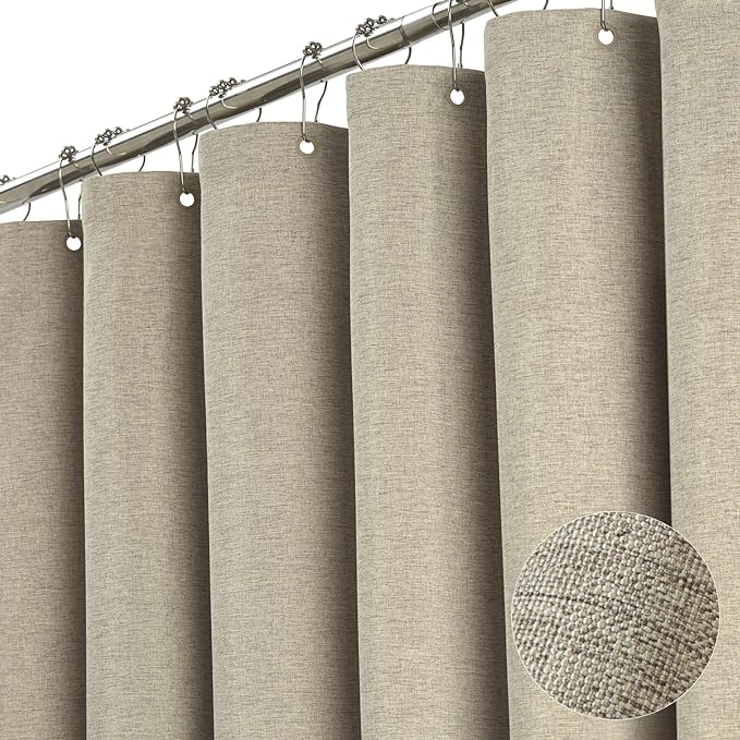 BTTN Extra Long Shower Curtain - 72x96 Inch Long Linen Textured Heavy Duty Fabric Shower Curtain Set with 12 Plastic Hooks, Tall Hotel Spa Luxury Waterproof Curtains for Bathroom Showers - Khaki/Tan
