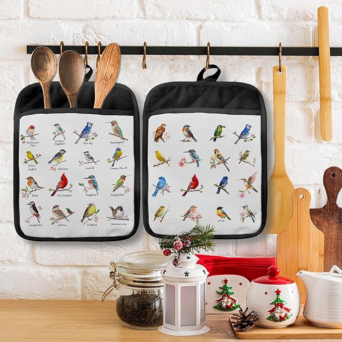 Birds on Branch Pot Holders with Pockets, Gifts for Bird Lovers, Bird Species Oven Pot Holders Heat Resistant Oven Mitts Hot Pads for Kitchen Baking Cooking, Set of 2