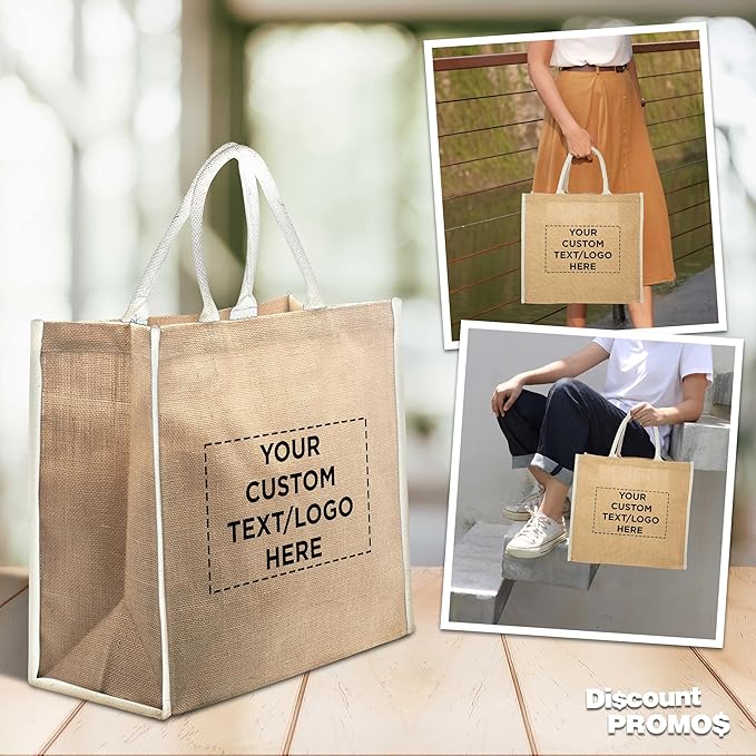 DISCOUNT PROMOS Custom Fresno Eco Friendly Jute Tote Bags Set of 50, Personalized Bulk Pack - Reusable, Great for Tradeshows, Grocery, Shopping and Outdoor Events - Light Beige