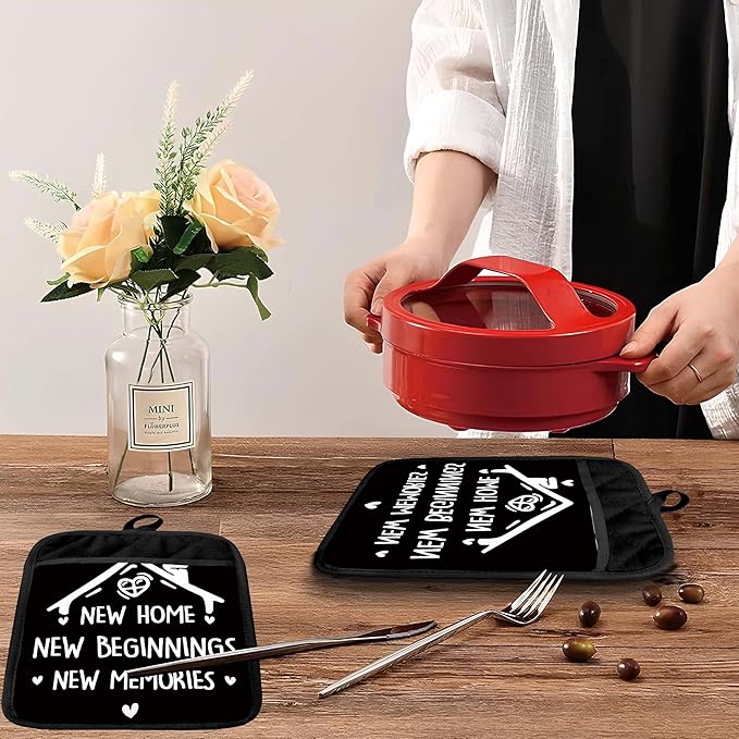 Housewarming Gifts Pot Holders with Pockets, New Homeowner Gifts, New Home Beginnings Memories Oven Pot Holders Heat Resistant Oven Mitts Hot Pads for Kitchen Baking Cooking