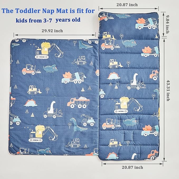 Cotton Toddler Nap Mat for Boys,Roll Up Slumber Bags Dinosaur Pattern,Toddler Nap Mat with Removable Pillow and Blanket, Kids Sleeping Mat for Daycare,Preschool and Kindergarten-Navy Blue ﻿