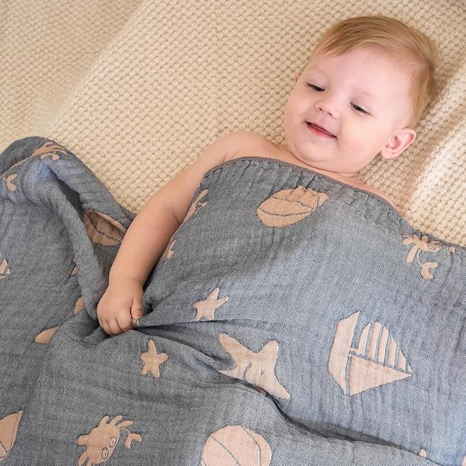 HardNok Ultra Soft Muslin Baby Blanket, A Versatile Swaddle and Crib for Babies, Toddlers, Boys, and Girls (1 Pack Ocean)