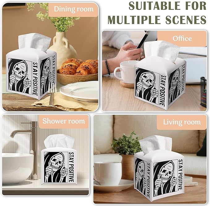 Tissue Box Gifts with Leather Cover Square, Inspirational Gift Ideas for Friends, Stay Positive, Skeleton Desk Decor for Bathroom Toilet Office, New Home Favor-(5.2 Inches)