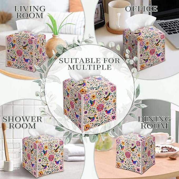 Floral Bird Tissue Box Holder, Scandinavian Leather Tissue Box Cover Square with Bottom Belt, Paper Napkins Everyday Dispenser for Bathroom Night Stands Kitchen Office Car Home Decor