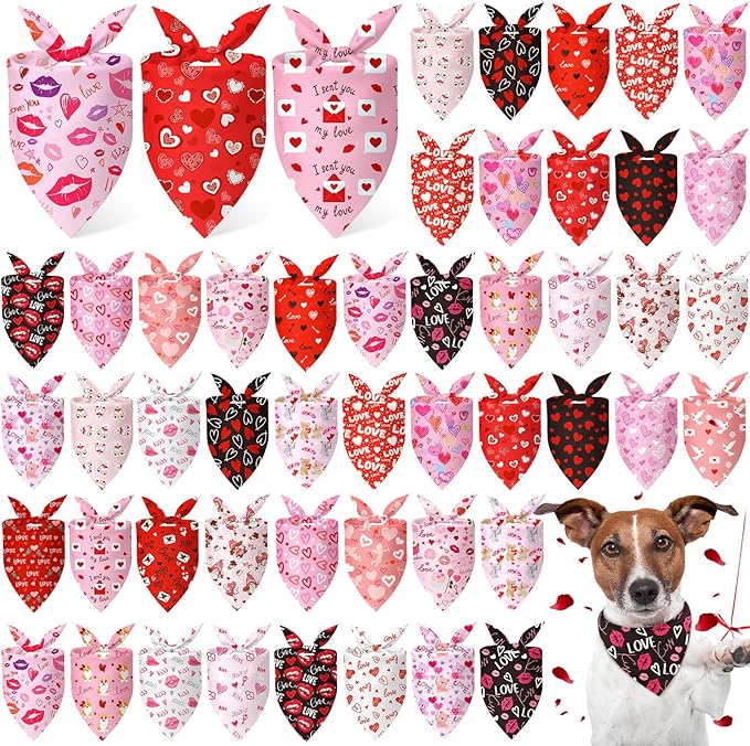 Abbylike 50 Pcs Valentines Day Dog Bandanas Bulk Red and Pink Bandanas for Dogs Triangle Kerchief Bibs Scarf for Pet Romantic Costume Photo Props Accessories Pet Shops Groomers (25.6 x 17.7 x 17.7)