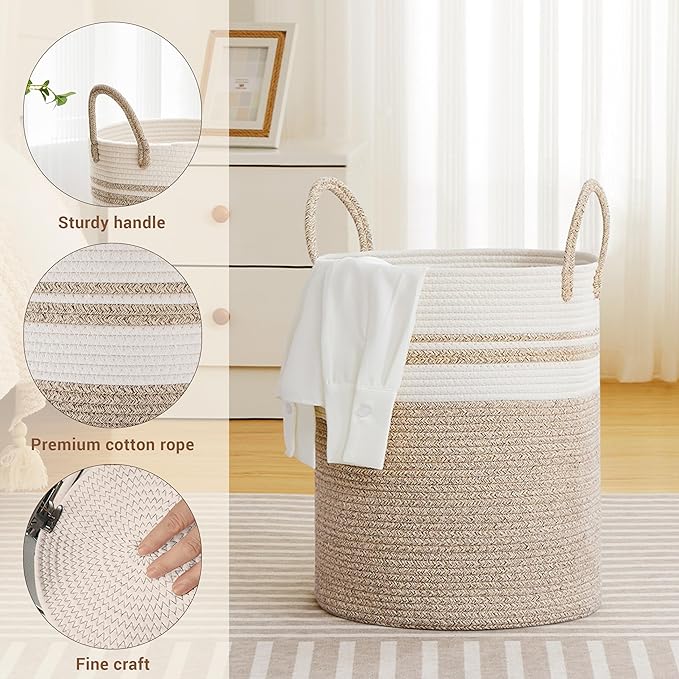 SunNewt Tall Laundry Basket with Handles, 53L Portable Dirty Clothes Hamper, Boho Cotton Rope Storage Bin for Blankets Kids Toys Gifts, Decorative Organizer for Nursery Bedroom Bathroom, New Brown