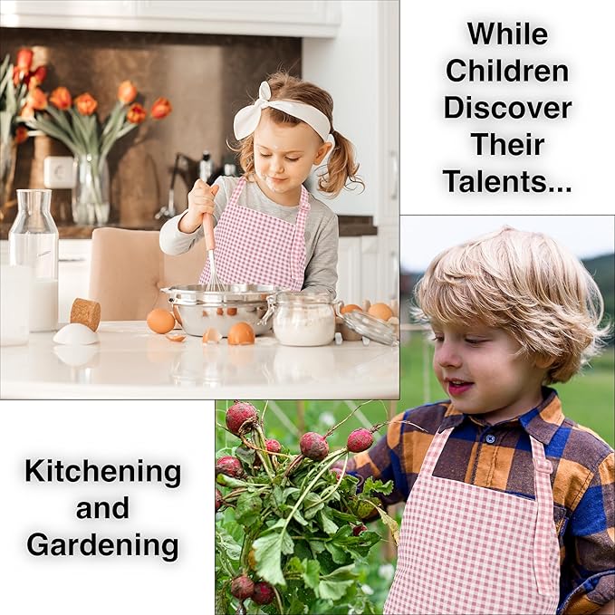 Kids Aprons for Cooking Waterdrop Resistant Aprons for Girl & Boy Toddler Apron for Painting, Gardening, Baking, Smock (Plaid Powder Pink, Medium (6-10 years)