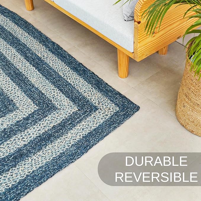 Traditional Jute Braided Runner Rug, Rustic Primitive Country Décor for Kitchen, Entryway, Hallway, Denim Blue, 2'X8'
