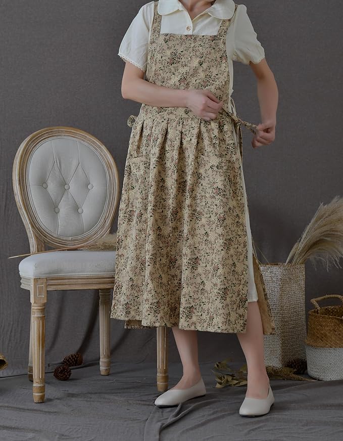 Japanese apron Women-Cross Back Apron for Women with Pockets, Pinafore Aprons, Womens Cotton Linen Apron