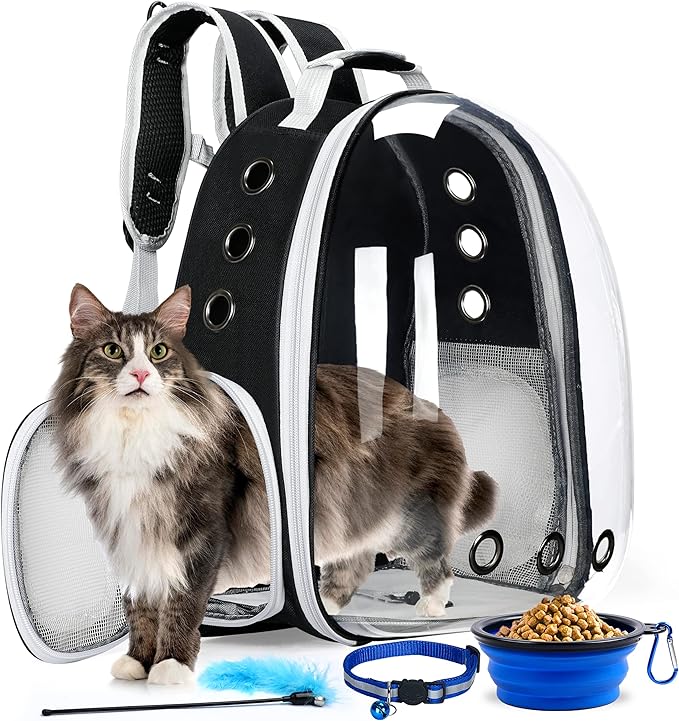 Cat Backpack Carrier with Collapsable Dog Bowl, Cat Collar & Interactive Cat Toy (4 Pcs Set)- Airline Approved Bubble Carrying Bag for Medium Dogs & Cats, Animal Carrier Backpacks, Pet Backpack |Black