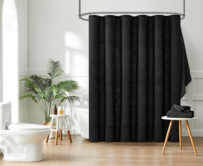 Indecor Home Luxury Dobby Weave Shower Curtain Elegant Hotel Style Fabric for Bathroom, Water Repellent, Machine Washable Black Dobby