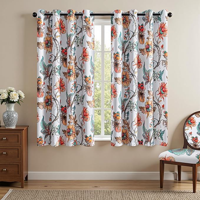 MYSKY HOME Floral Blackout Curtains 63 Inch Long 2 Panels Set for Bedroom Thermal Insulated Light Blocking Black Out Drapes Printed Flower Vintage Style Grommet Window Treatments, 52"W, Greyish White