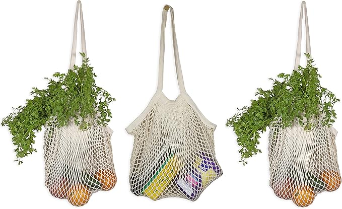 Cotton Mesh Grocery Bags - Reusable Grocery Net Bags - 100% Cotton Mesh Tote Shopping Totes - French Market, Premium Cotton String Tote for Farmers Market, Produce, Grocery or Beach Trip (3 Bags)