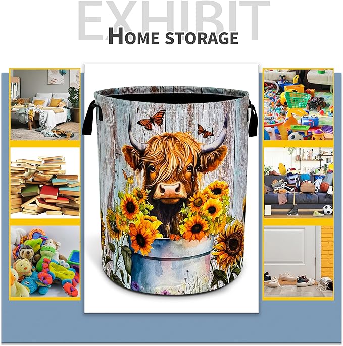 NUTAINLA Highland Cow Sunflower Laundry Basket Animal Foldable Oxford Cloth Funny Tote Bag Laundry Hamper Clothes Storage Bucket Toy Organizer For Bathroom/Laundry Storage/Bedroom 18.9x16.5 Inch