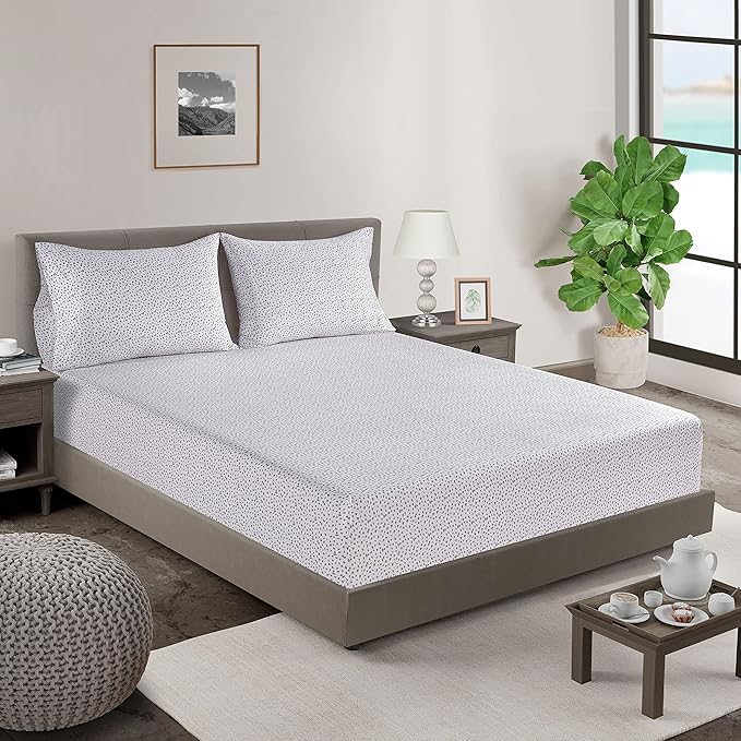 LANE LINEN Queen Fitted Sheet, 100% Organic Cotton Fitted Bed Sheets, 3 Pc Set(1 Fitted Sheet,2 Pillowcases) Percale Weave, Breathable, Fits Mattress Upto 15" Deep - White(Grey Dot)(No Flat Sheet)