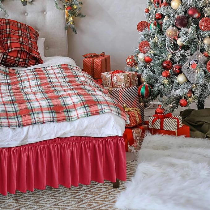 Biscaynebay Wrap Around Bed Skirts for Queen Beds 15" Drop, Red Adjustable Elastic Dust Ruffles Easy Fit Wrinkle & Fade Resistant Silky Luxurious Fabric Machine Washable