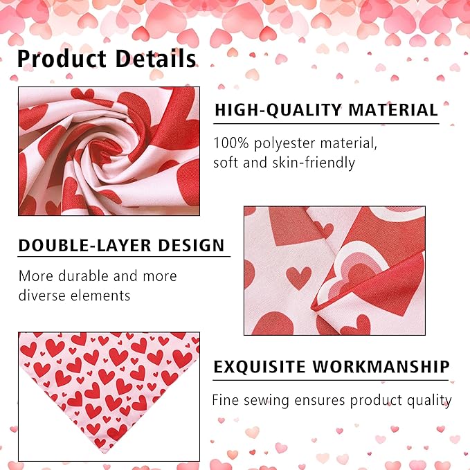 Valentine's Day Dog Bandana Reversible 2 Pack Small, Valentine Day Pet Bandanas for Dogs Pink Heart Adjustable Triangle Holiday Scarves for Small Medium Boy Girl Dogs