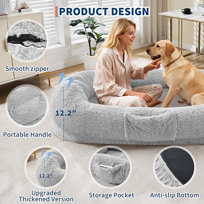 Festisoul Large Plush Dog Bed with Raised Headrest, Orthopedic Pet Bed for Dogs & Cats, Washable Fleece Pet Bed for Large Breeds, White Grey (19x14x9 Inches)