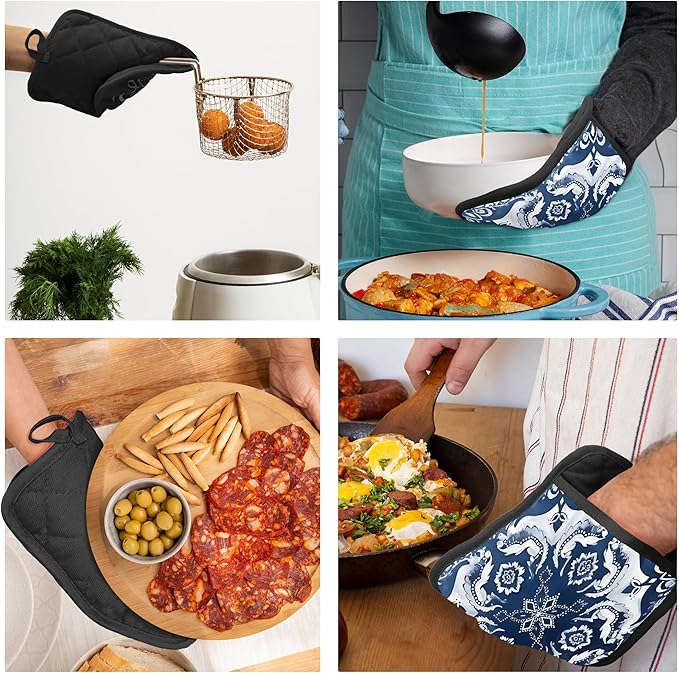 Blue and White Chinoiserie Floral Pot Holders with Pockets, Blue Floral Pot Holders Heat Resistant Oven Mitts Hot Pads for Kitchen Baking Cooking,Potholders for Kitchens