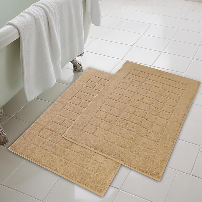 Superior 100% Cotton Bathmat Set, Bath Mats, Bathroom Decor, Shower, Bathtub Essentials, Home Accessories, Small Washable Rug, No Backing, Heavyweight, Nora Collection, Set of 2, 22" x 35", Latte