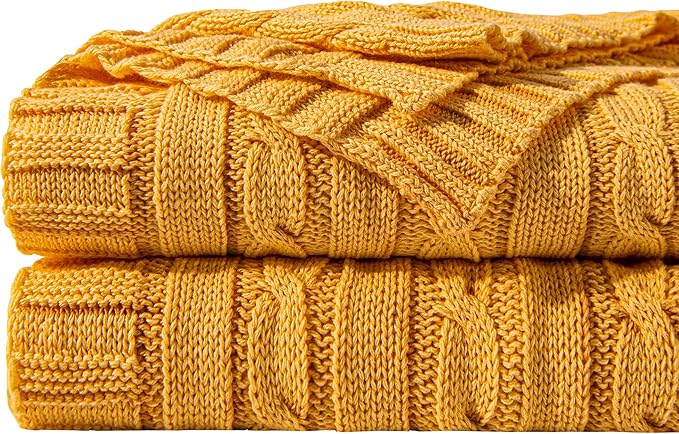 NTBAY 100% Pure Cotton Twin (60x80) Cable Knit Throw Blanket, Super Soft Warm Knitted Blanket for Bed, Sofa, Chair, Couch - Extra Cozy, Machine Washable, Comfortable Home Decor, Ginger Yellow