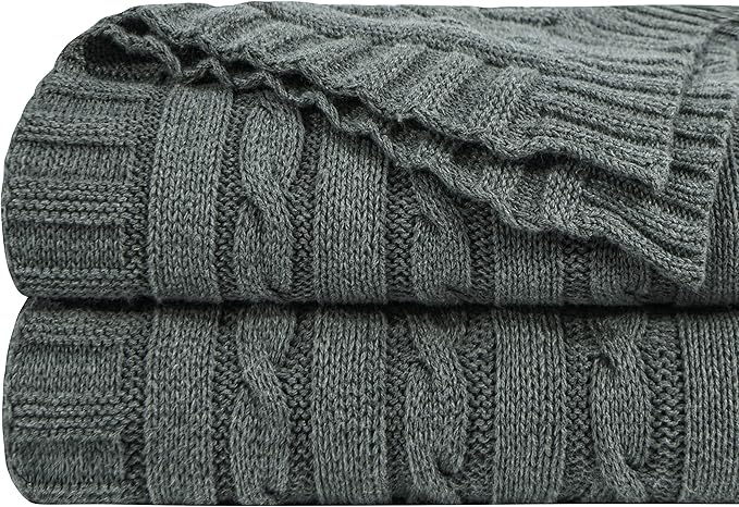 NTBAY 100% Pure Cotton Cable Knit Throw Blanket, Super Soft Warm 51x67 Knitted Throw Blanket for Couch, Sofa, Chair, Bed - Extra Cozy, Machine Washable, Comfortable Home Decor, Grey and White