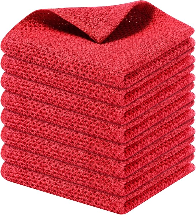 Kitinjoy 100% Cotton Kitchen Dish Cloths, 8 Pack Waffle Weave Ultra Soft Absorbent Dish Towels for Drying Dishes Quick Drying Kitchen Towels Dish Rags, 12 X 12 Inches, Red