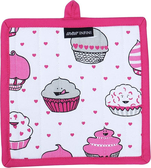 AMOUR INFINI Heat Resistant Pot Holders Set of 3 Nonslip Multipurpose Hot Pads for Cooking and Baking (Valentine Cup Cake - 8x8 Inches)