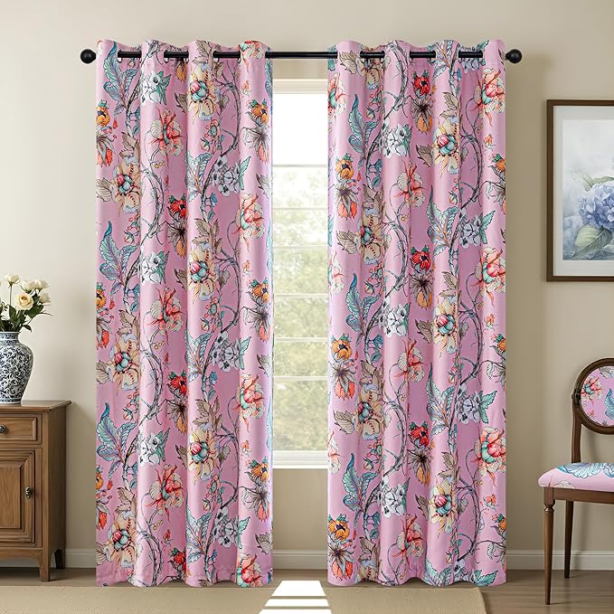 MYSKY HOME Pink Floral Blackout Curtains 84 inches Long for Living Room Bedroom Thermal Insulated Light Blocking Drapes Spring French Country Coquette Flower Window Panels Girls Room, 2 Pcs, 52" Wide