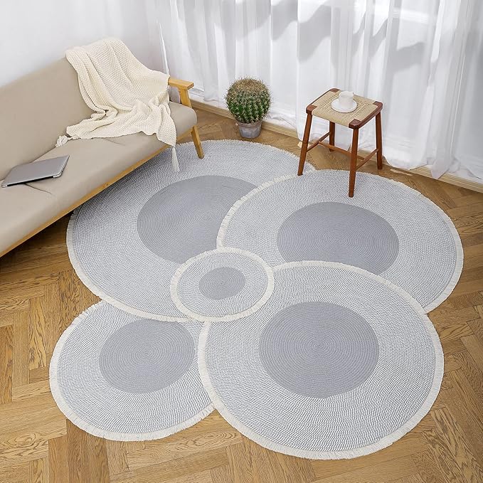 Handwoven 4ft Round Cotton Rope Rug with Tassel Trim – Washable Boho Braided Circle Rug for Living Room, Bedroom, Nursery – Soft Gray, Durable & Natural