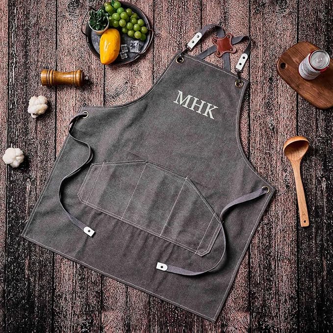 Personalized Apron with Embroidered Initial, Denim Canvas Custom Aprons for Men, Adjustable Mens Apron Cooking Aduit Men Gift Trendy Stufff, Kitchen Essentials,Barbeque w/Styles & Patterns