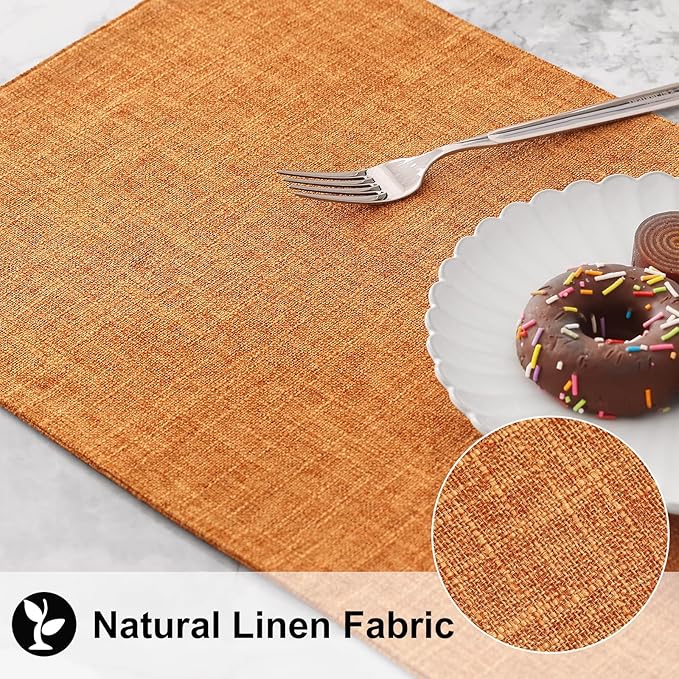 homing Cotton Linen Placemats Set of 8, Cloth Washable Farmhouse Dining Table Mats for Indoors & Outdoors, Easy to Clean, Orange, 13 x 19 Inch