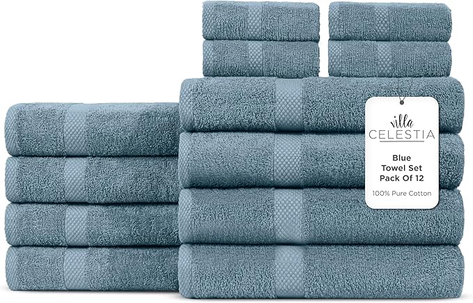 Villa Celestia 100% Cotton Bath Towel Set of 12-4 Bath Towels, 4 Hand Towels, 4 Wash Cloths, Sustainable, Soft, Highly Absorbent, Combed Cotton 12 Piece Set for Hotels, Spa, Bathroom, Dorm, Blue