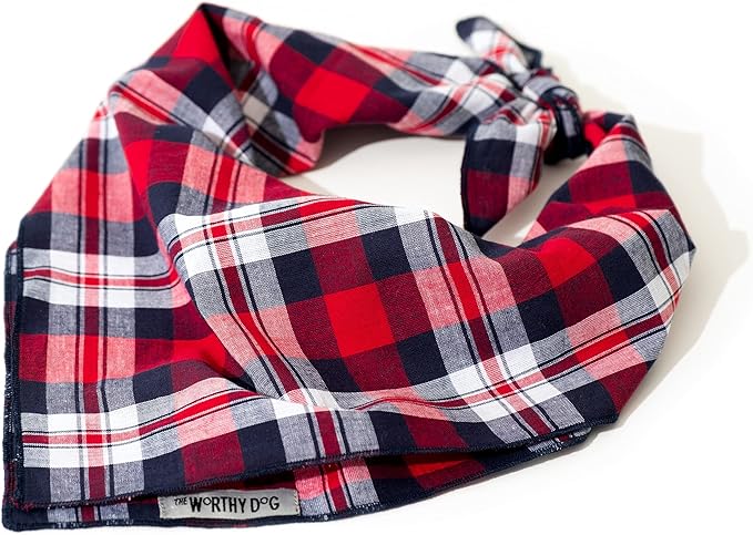 THE WORTHY DOG Classic Tie-On Dog Bandana – Soft Cotton Flannel Square Pet Bandana, Madras Plaid Classic Pattern, Red/Navy, Large