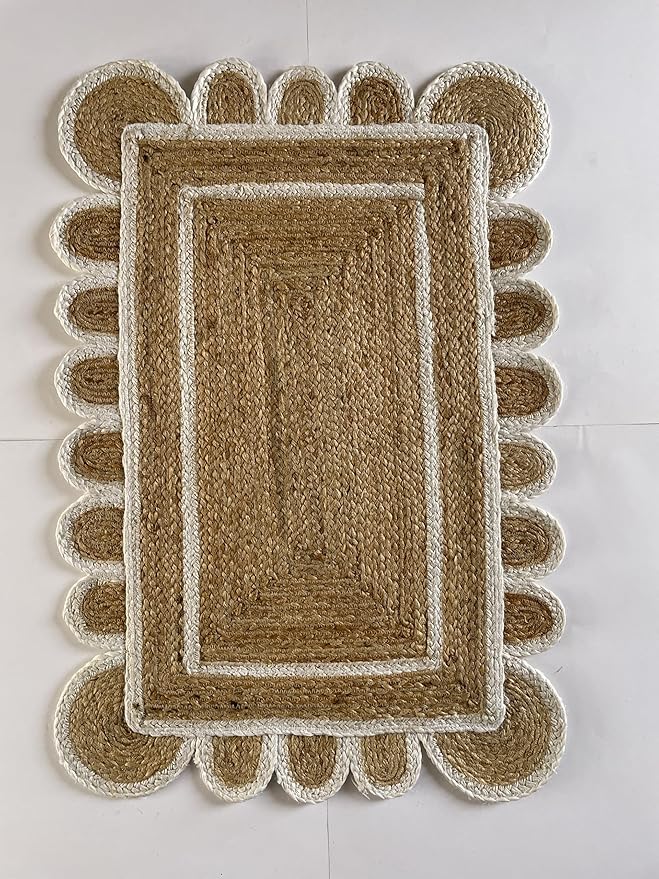 Scallop Pattern Jute Bohemian Area Rug (Off White, 2'x3')