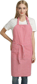 Vintage Gingham Kitchen Aprons Chef Bib Canvas Aprons Christmas Holiday Home Decorative 100% Pure Cotton Aprons in Large Size with Pockets Adjustable Neck Strap Long Ties Aprons(Red)