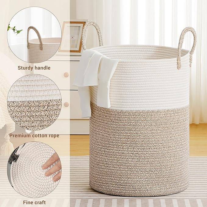SunNewt Tall Laundry Basket with Handles, 100L Portable Dirty Clothes Hamper, Boho Cotton Rope Storage Bin for Blankets Kids Toys Gifts, Extra Large Organizer for Baby Nursery Bedroom Bathroom, Brown