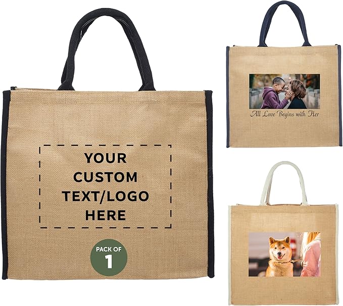 DISCOUNT PROMOS Custom Fresno Eco Friendly Jute Tote Bags Set of 1, Personalized Text logo and Picture - Reusable, Great for Tradeshows, Grocery, Shopping and Outdoor Events - Black