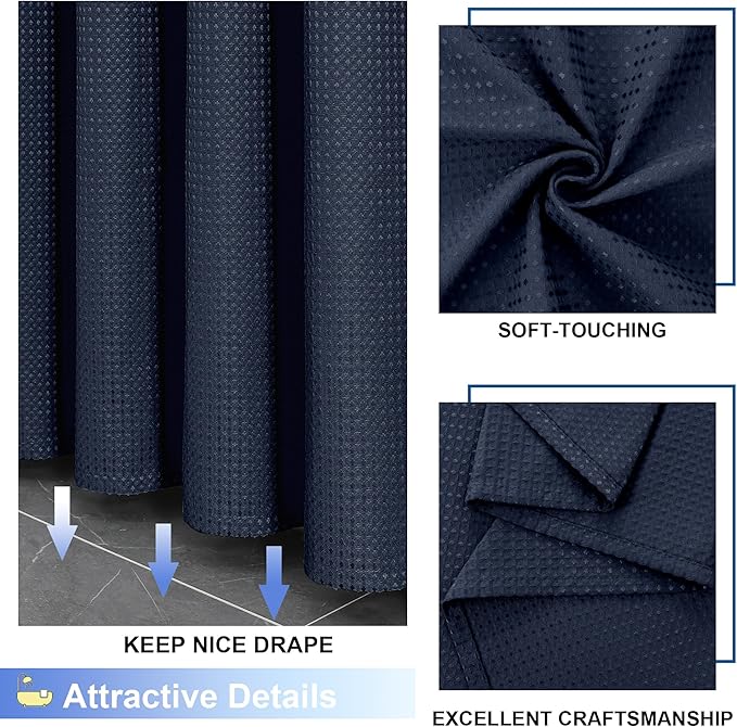 OVZME Navy Blue Shower Curtain Set, Waffle Textured Heavy Duty Fabric Shower Curtain for Bathroom, Luxury Hotel Weighted 230GSM Bath Curtain with 12 Plastic Hooks, Machine Washable, 72x72