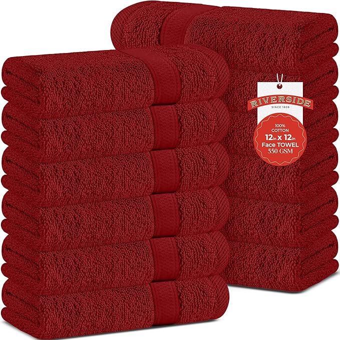 RIVERSIDE 12 Pack Premium 100% Cotton Face Wash Cloths, 12 x 12 Inches, Soft & Absorbent Face Towels for Bathroom Wash Clothes, 550 GSM, Luxury WashCloths for Showering, Body, Spa & Gym, Red