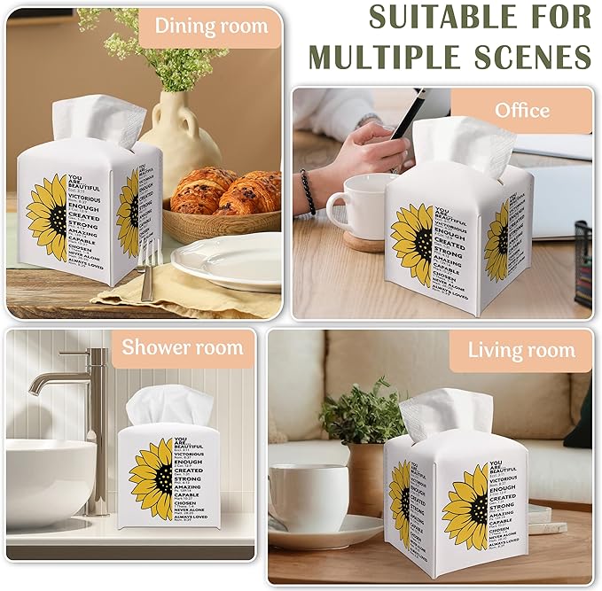 Christian Decorative Tissue Box Cover Square, Floral Tissue Box Cover Leather, Bible Verse Inspirational Gift Ideas for Friends, You are Beautiful Decor for Bathroom Office-(5.2 Inches)