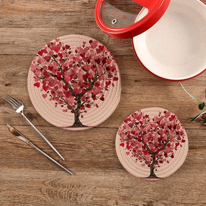Valentine Tree Hearts Trivet Mat 2PCS Love Leaf Round Woven Potholders Kitchen Table Countertop Protector Hot Pads Farmho