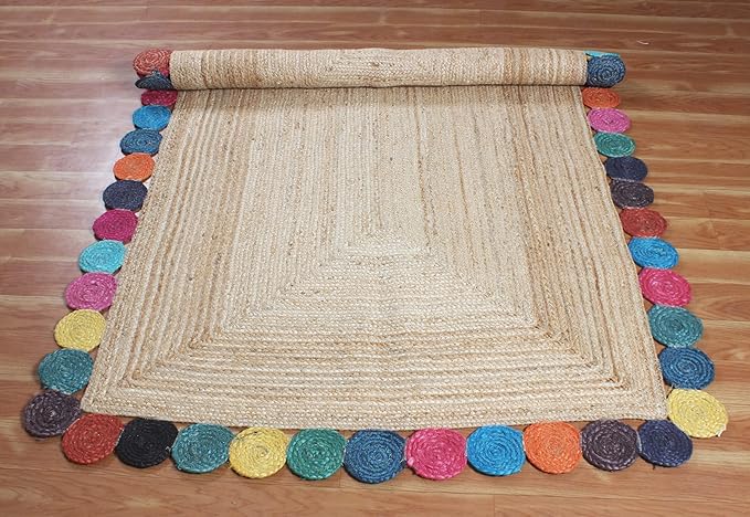 Scalloped Edge Rug, Hand Woven Natural Jute Area Rug, 6x6 Ft Square Beige & Multicolor Braided Kilim Rugs for Living Room, Kitchen, Entryway, Farmhouse